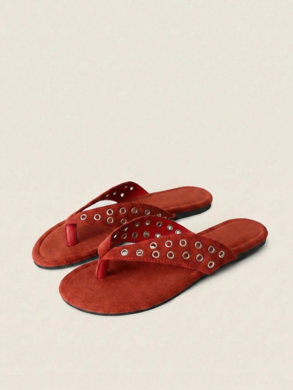 Rust Orange Grommet Flat Thong Sandals with Silver Eyelets
